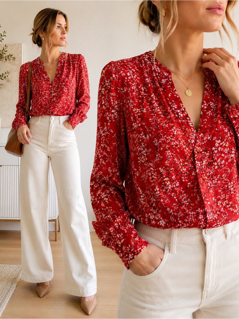 Ann Taylor Red Floral Blouse XXS Silky V Neck Long Sleeve Feminine Top XS